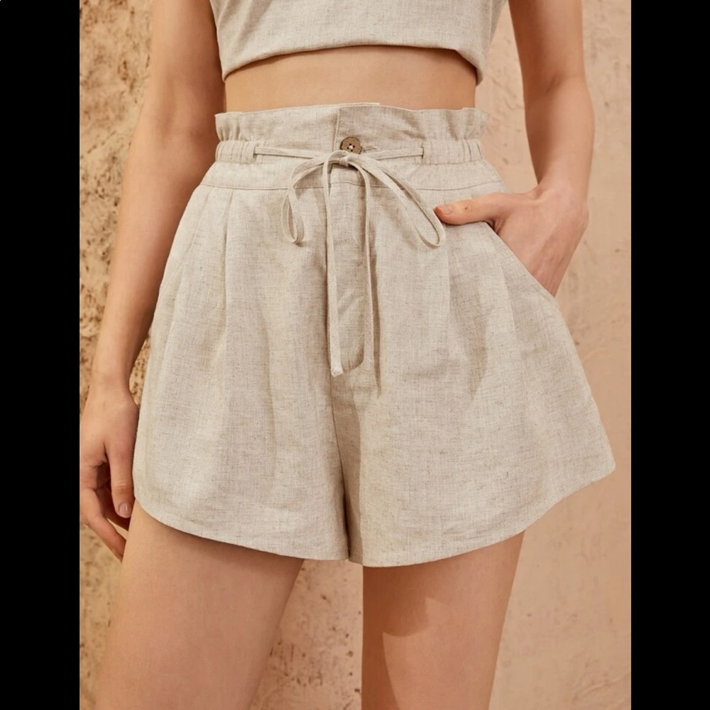 Drawstring Paper Bag Linen High Waisted Shorts